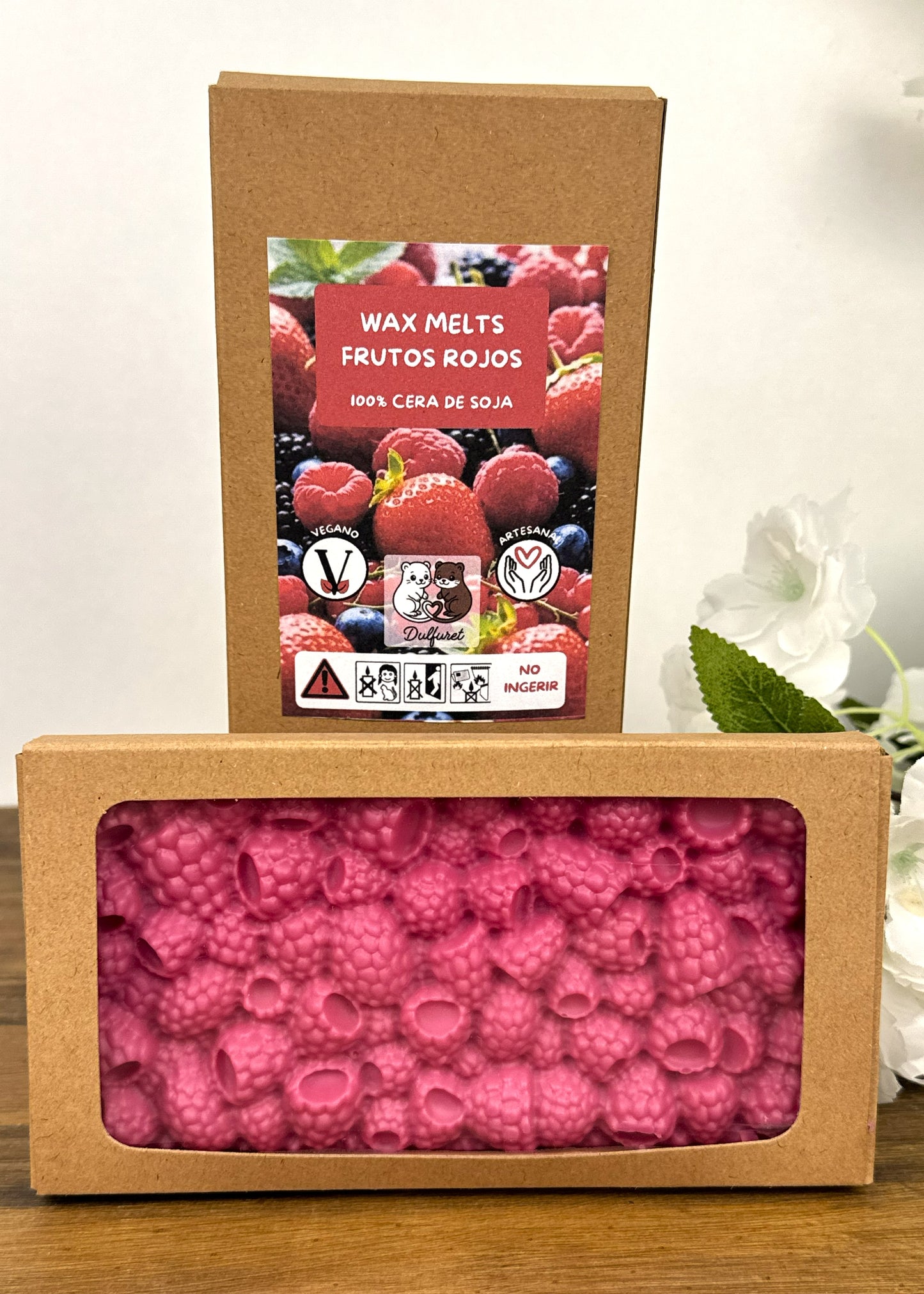 Tableta Wax Melt Frutos Rojos Vision Frontal y Trasera con packaging Dulfuret