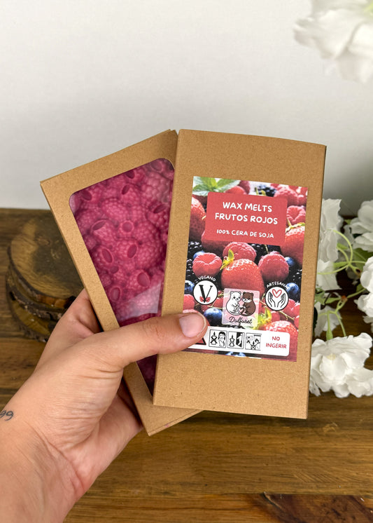 Tableta Wax Melt Frutos Rojos Vision Frontal y Trasera con mano para referencia tamaño Dulfuret
